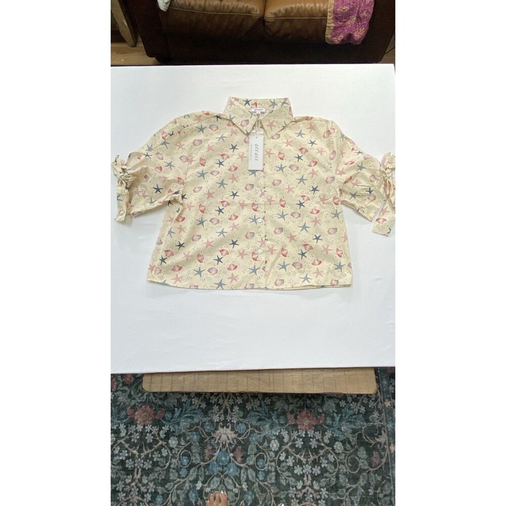 Gee Gee Starfish Seashell Button Down Shirt 1XL NWT Coastal Tie Sleeve